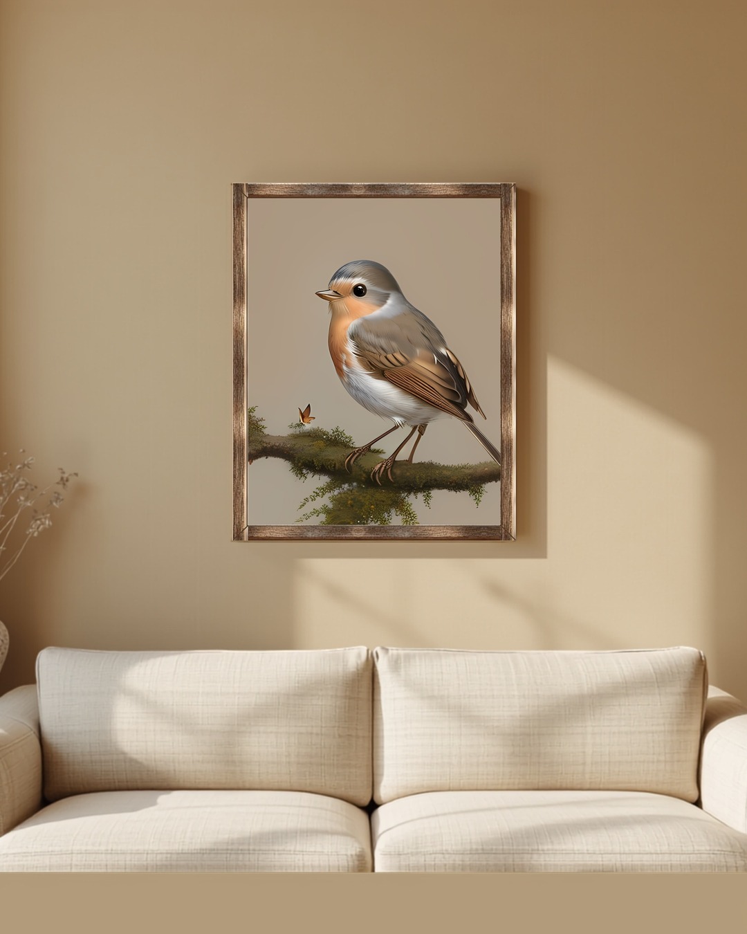 Vintage robin print styled above a sofa
