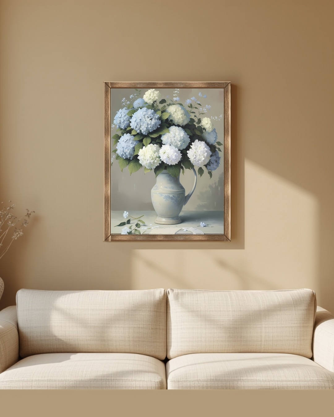 Hydrangea print styled in a living room